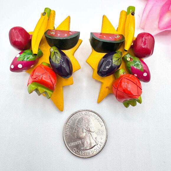 Vintage Huge Fruit Salad Earrings Hand Painted Wood Kitschy Funny Gaudy Wacky - Picture 8 of 12